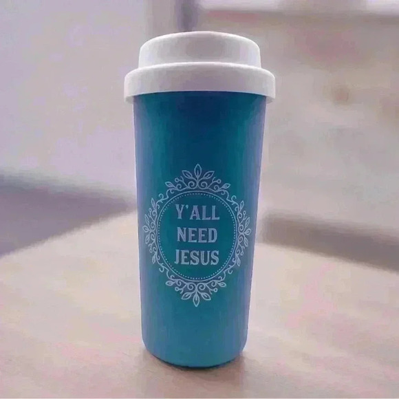 Double Wall Cup BPA Free Travel Hot Cold Plastic Blue & White Y’all Need Jesus - Picture 2 of 5